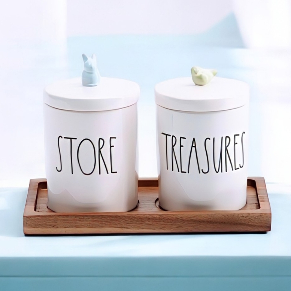 NEW Rae Dunn STORE and TREASURES Jars Set on Wooden Tray